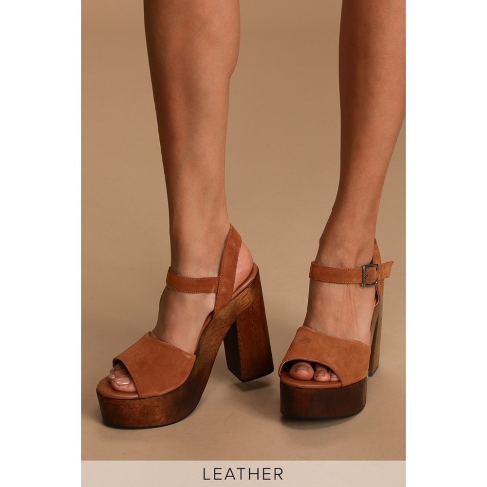 Lulus Lolita Leather Cognac Suede Wooden Platform Heels Brown - Size 8